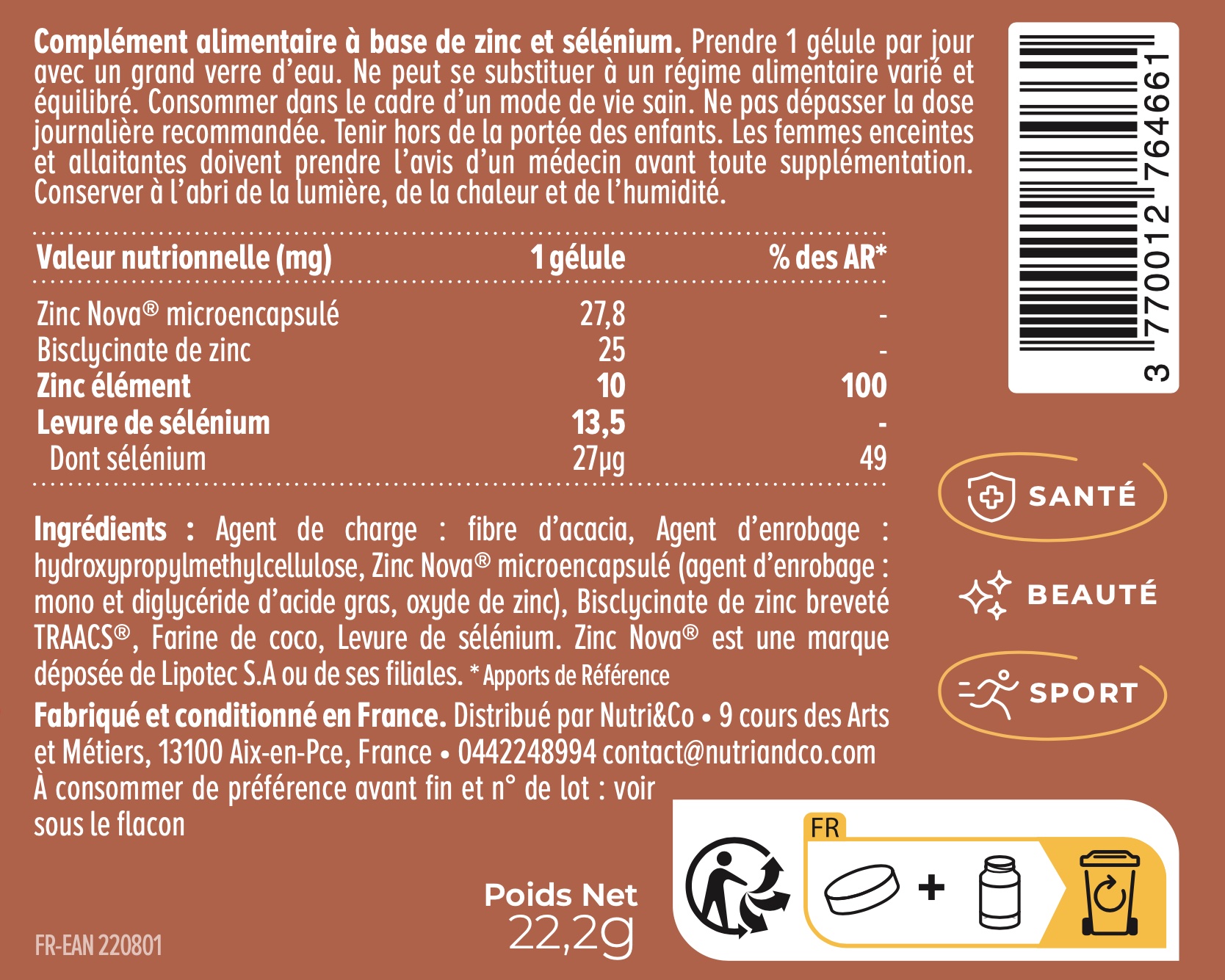 Zinc Bisglycinate et Liposomé + Sélénium Bioactif Immunité Et Peau