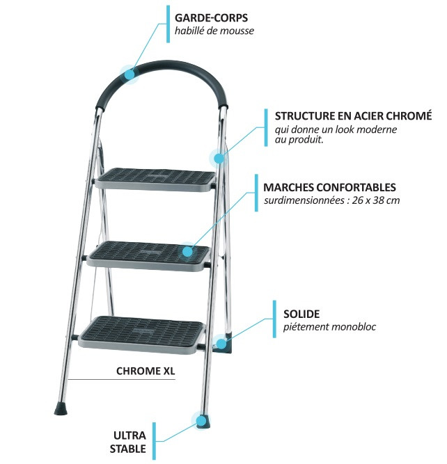 Marchepied Double Fonction Chrome Xl 3 Marches - Hauteur De Travail 2,70m