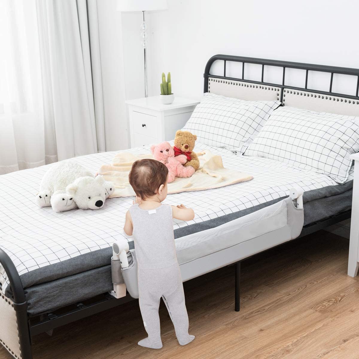 Barrière De Lit Bébé DREAMADE 105cm - Pliable, Hauteur 42cm - Filet Transparent - Fixation Facile