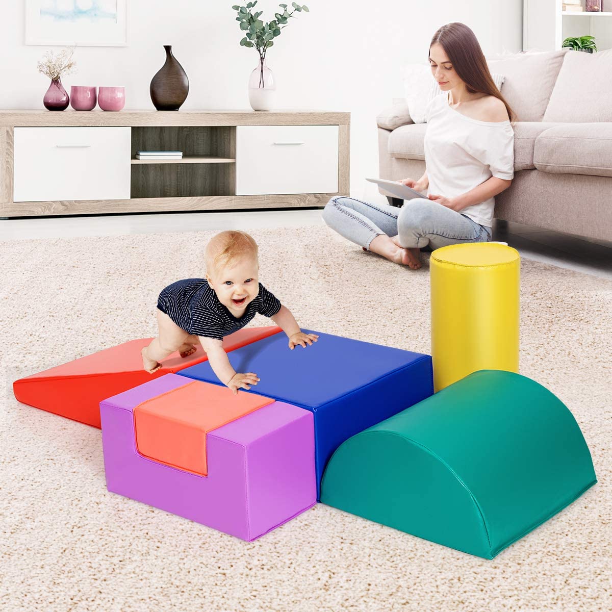 Costway 6pcs Blocs De Construction En Mousse Fait En Pu+epe Colorée Jouets Educatifs Pour Dvelopper