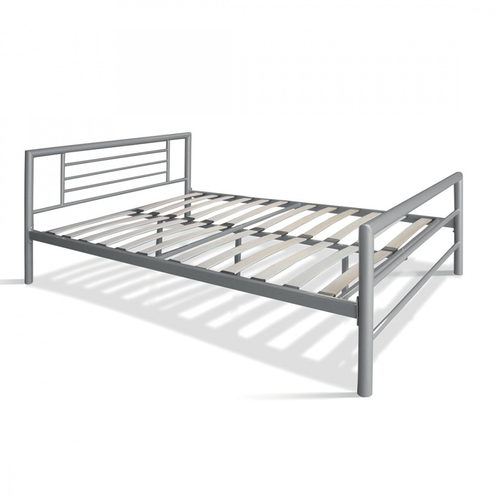 Lit En Métal Double Echo, 140x200 Cm, Gris Brillant Sommier Inclus