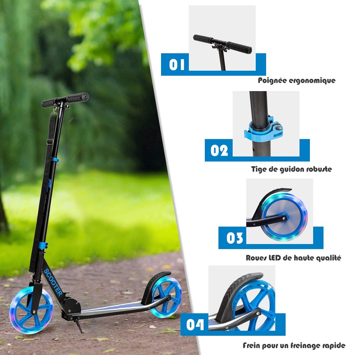 Costway Trottinette De Sport Avec Plateau En Aluminium, Poignée Ajustable