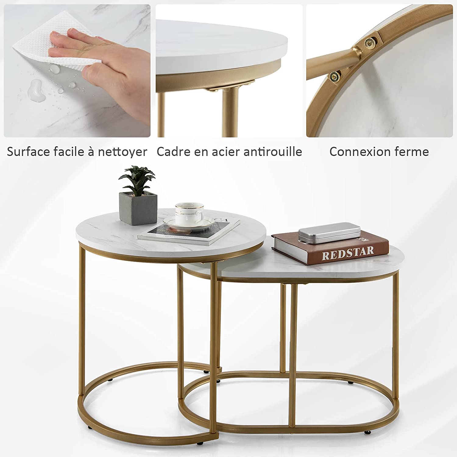 COSTWAY Lot De 2 Tables Basses Gigognes Marbrées Élégantes – Ronde 50 Cm + Ovale 60 Cm, Style Moderne Blanc Et Or, Stabilité Maximale