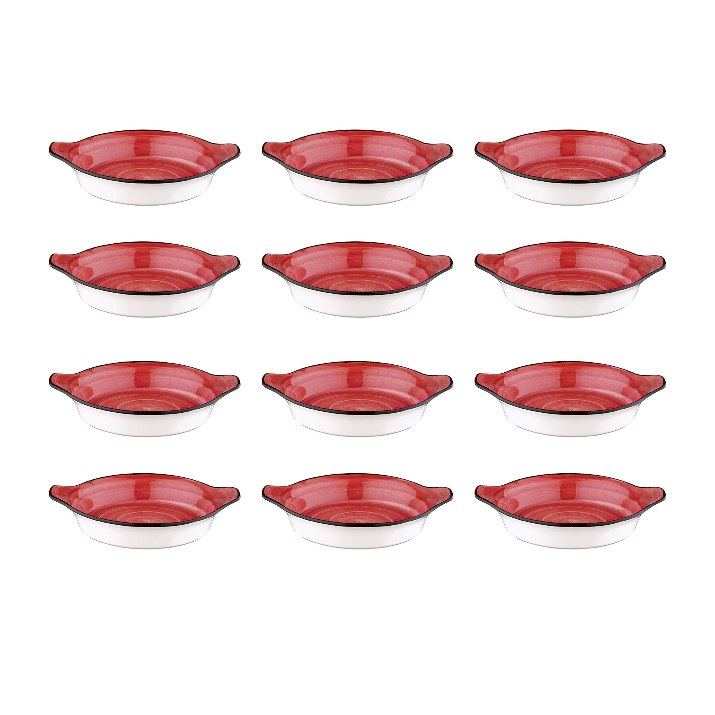 Set De 12 Plats À Gratin Ovales Avec Anses Sisilia, Moules Avec Bordure Noir En Porcelaine Rouge