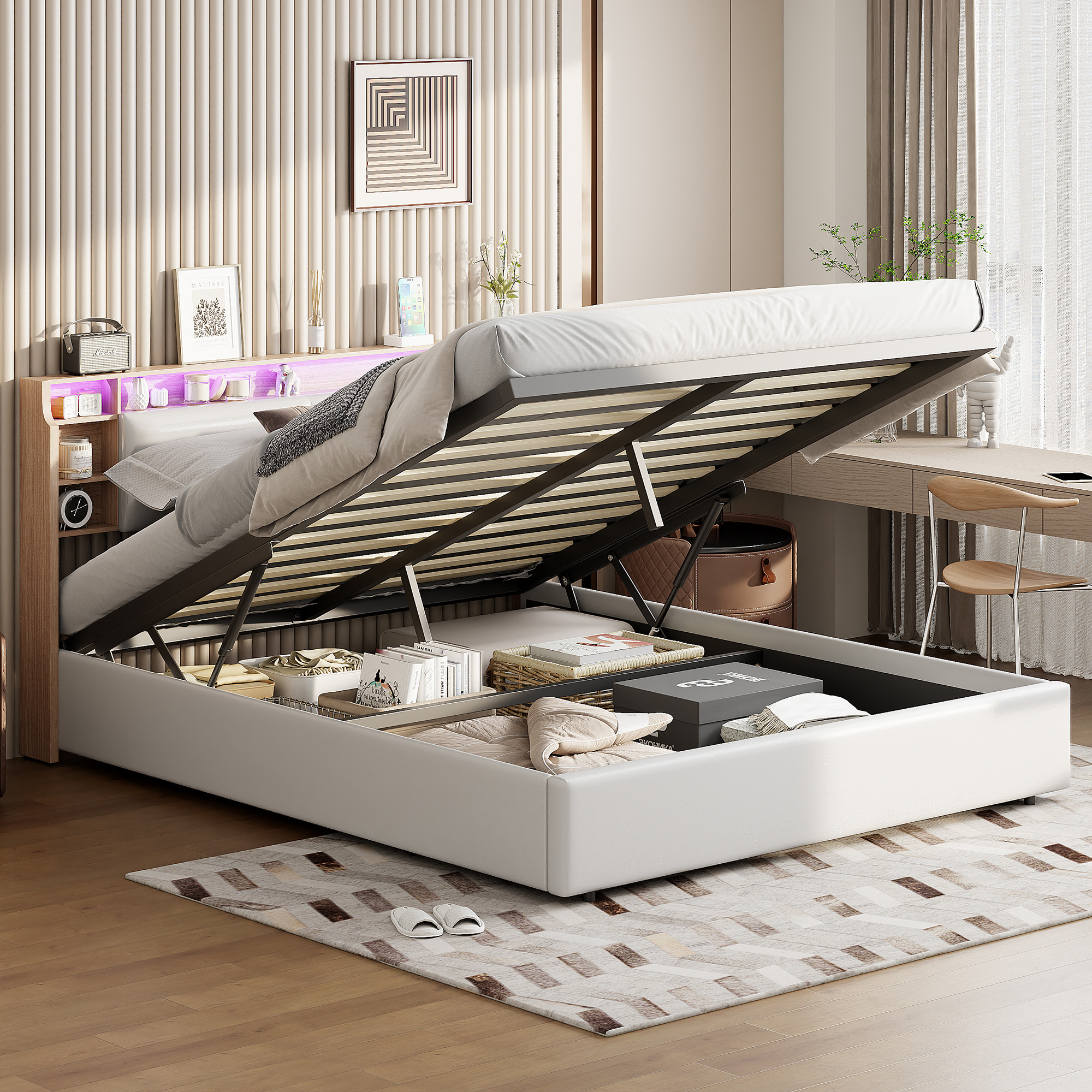 Lit Rembourré 140x200cm Lit Double Avec Et Led, Lit Coffre, Lit Fonctionnel Simili Cuir, Blanc