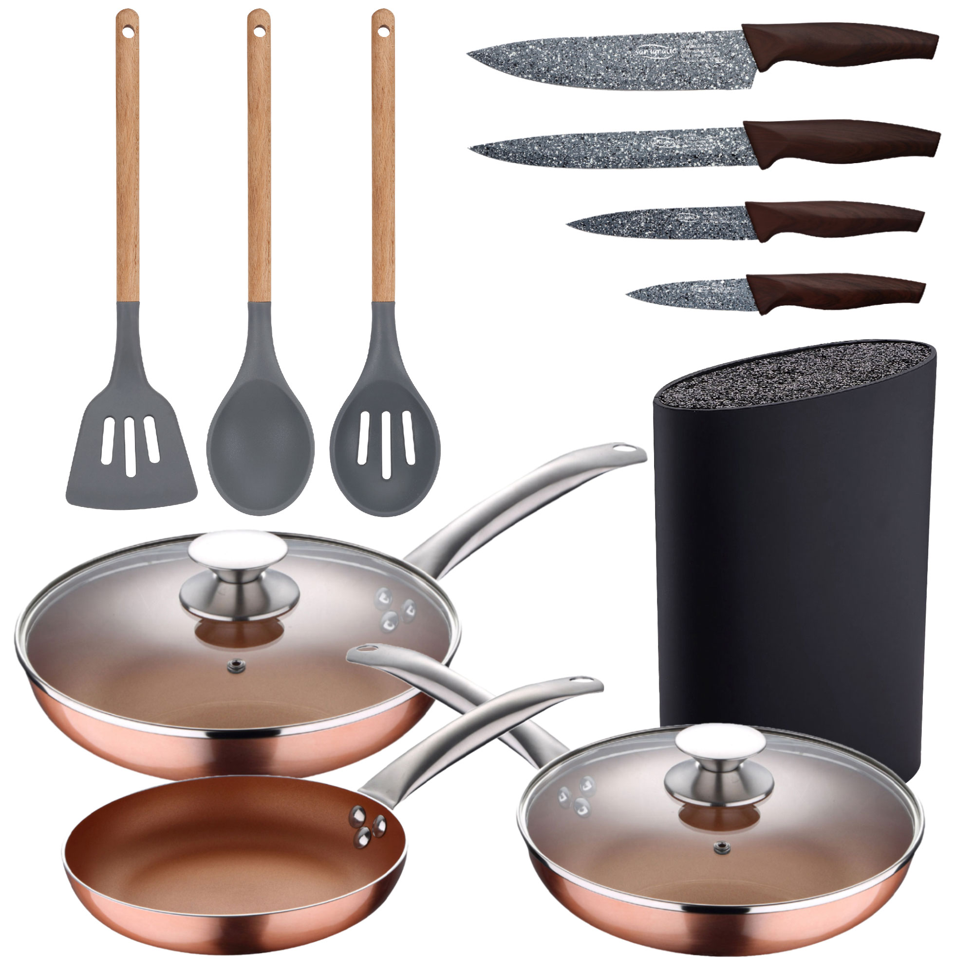 image: Image: Set 5pc Poêles (avec Couvercles) Aluminium Pressé Induction Avec Set 3pc Ustensiles De Cuisine Nylon Avec Tacoma / Bl