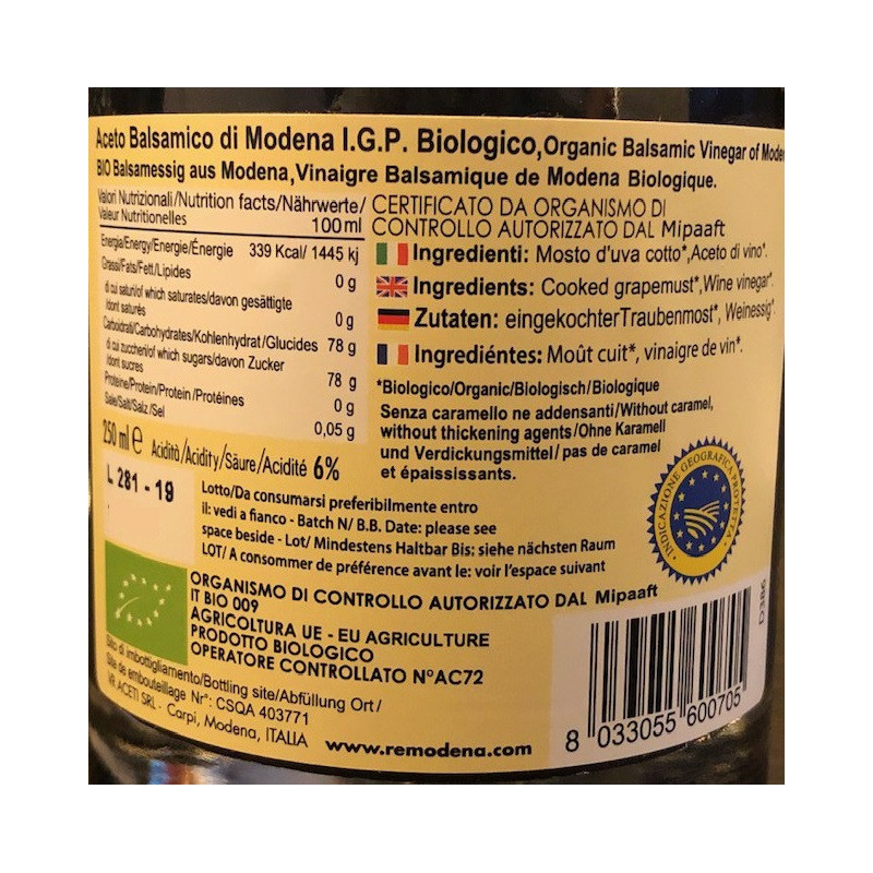 Bis Vinaigre Balsamique Biologique Remodena: Condiment De Pomme Et Classique Modena Igp 250 Ml X 2 RE MODENA