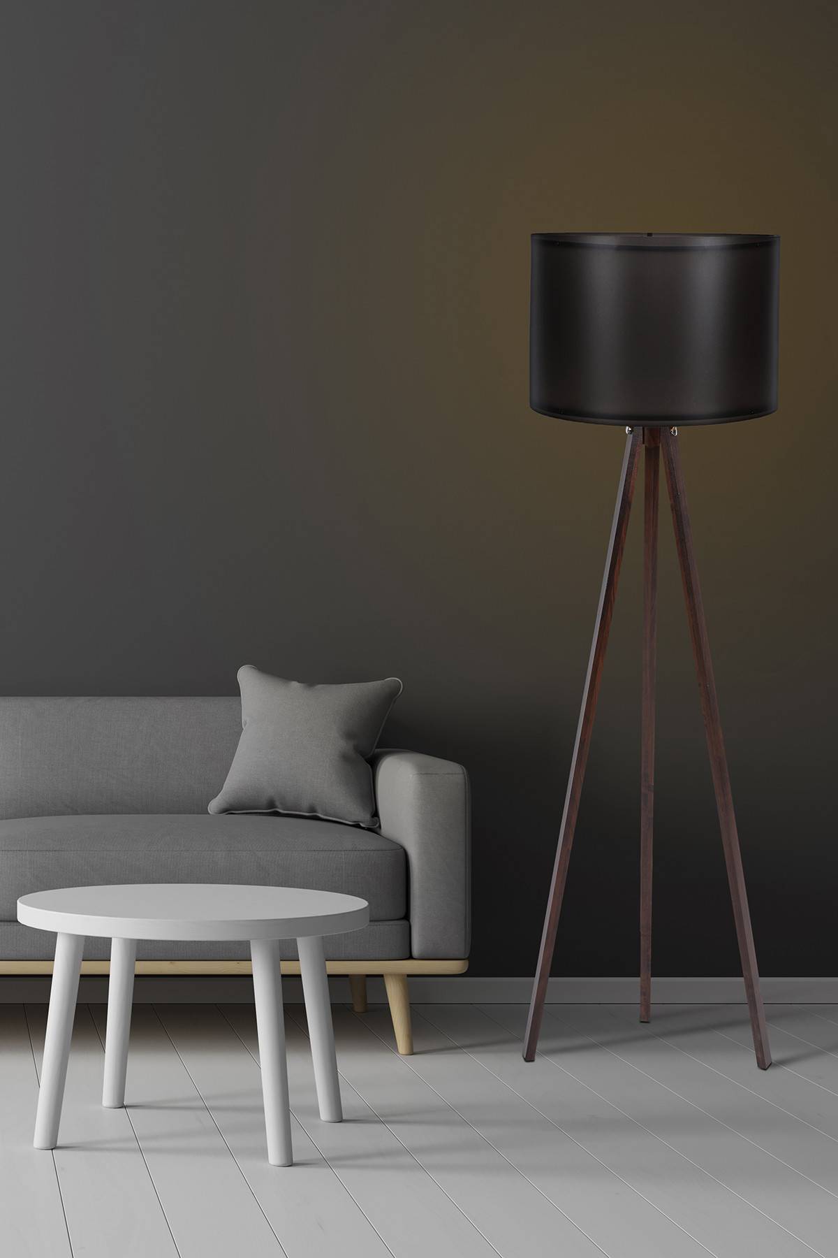 Lampadaire Trépied Luca 145cm Tissu Noir Et Bois Marron
