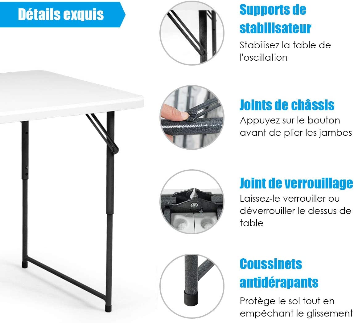 Costway Table Pliante Pour Camping 122 X 61cm Hauteur Réglable À 3 Positions Capacité De Charge 150kg