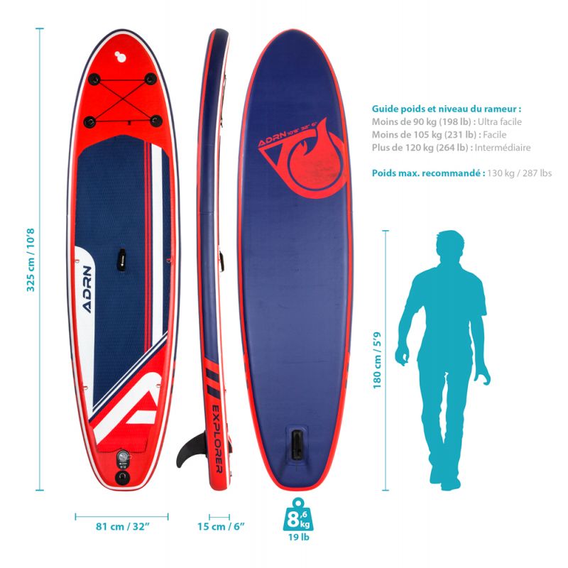 Stand Up Paddle Gonflable Explorer 10'8 Rouge 325 X 81 X 15 Cm