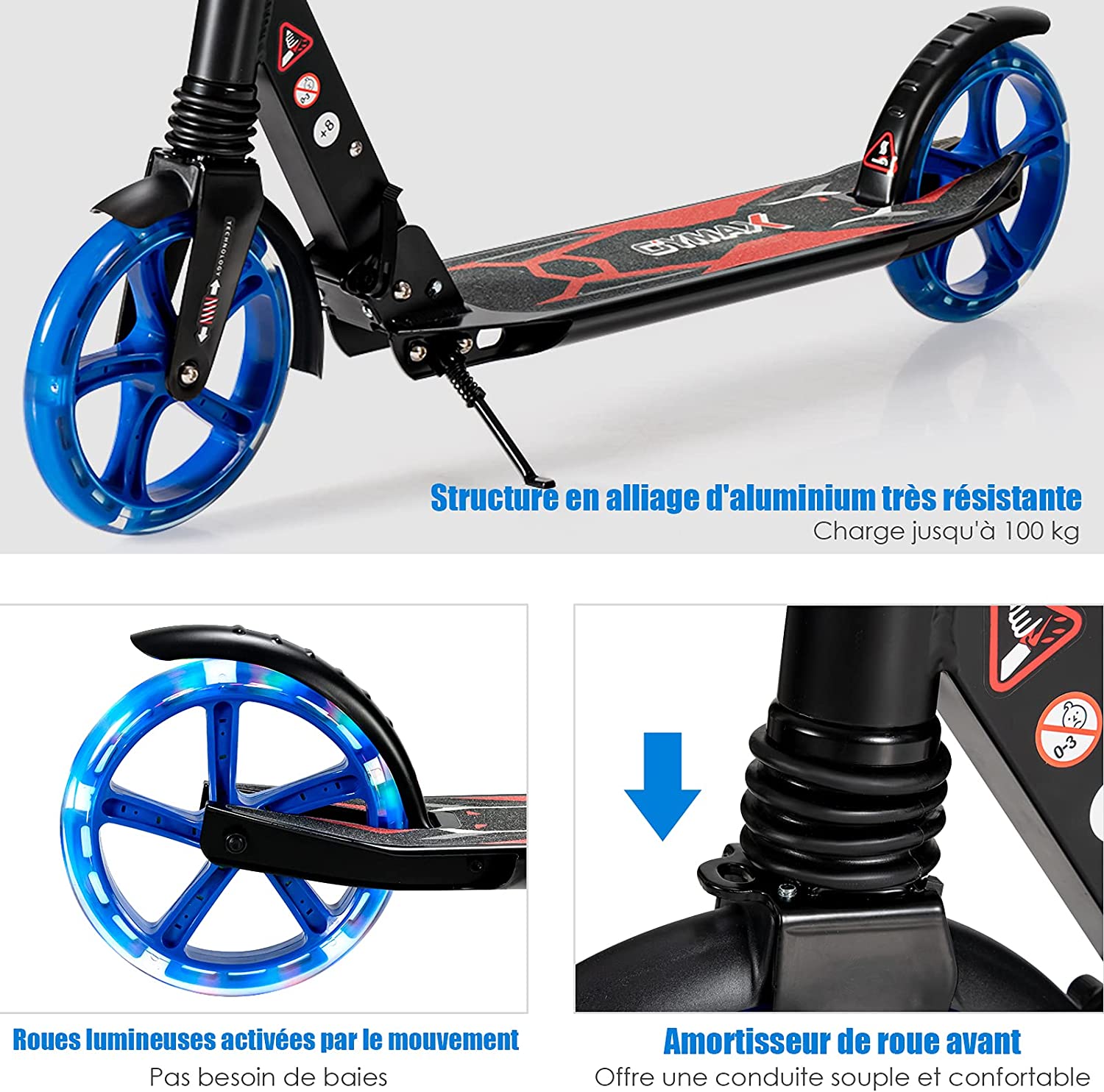 Trottinette Pliable Avec 3 Hauteurs Réglables Et Frein À Pied, Pour Adultes, Adolescents Et Enfants 8 Ans+