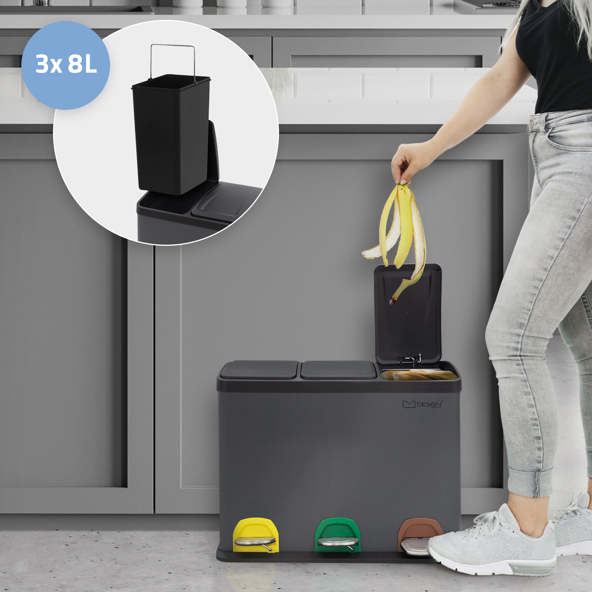 Poubelle De Tri Sélectif 3 Compartiments 55 Litres Blanc - Modèle MS1 - Marque Divit - Neuf