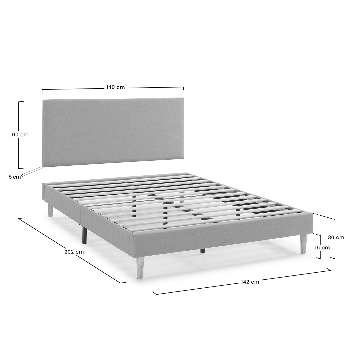 Sommier Tapissier Aura + Tête De Lit 140x200 Cm, Gris Clair, Hauteur 30 Cm