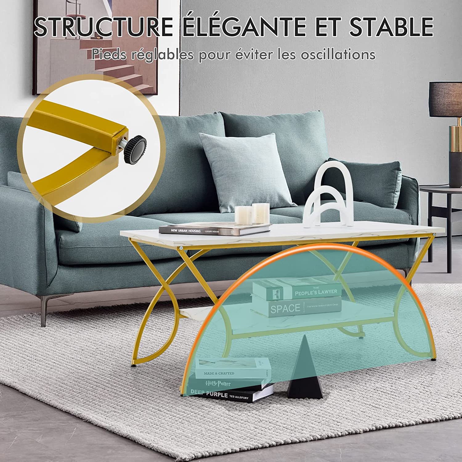 Costway Table Basse Imprimée Marbre À 2 Niveaux 100 X 50 X 45 Cm