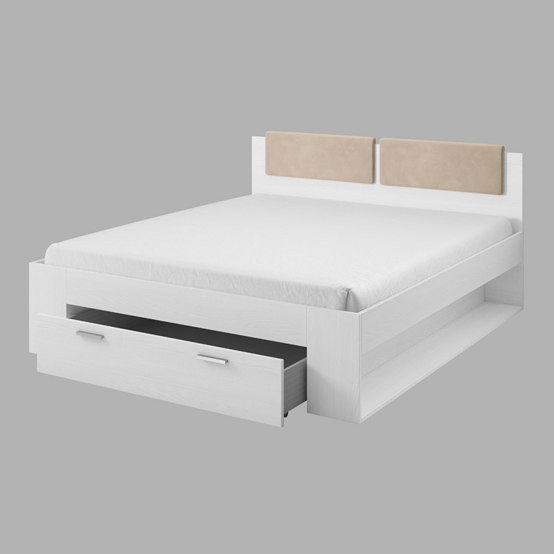Lit Adulte 180x200 Avec Tiroirs Intégrés - Collection Floyd. Coloris Blanc Effet Bois