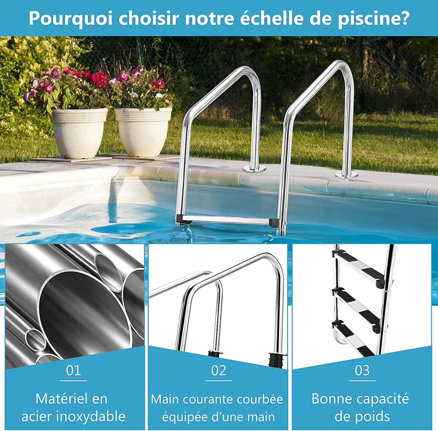 Costway Échelle De Piscine À 3 Niveaux 147cm En Acier Inoxydable Avec Marches Antidérapantes