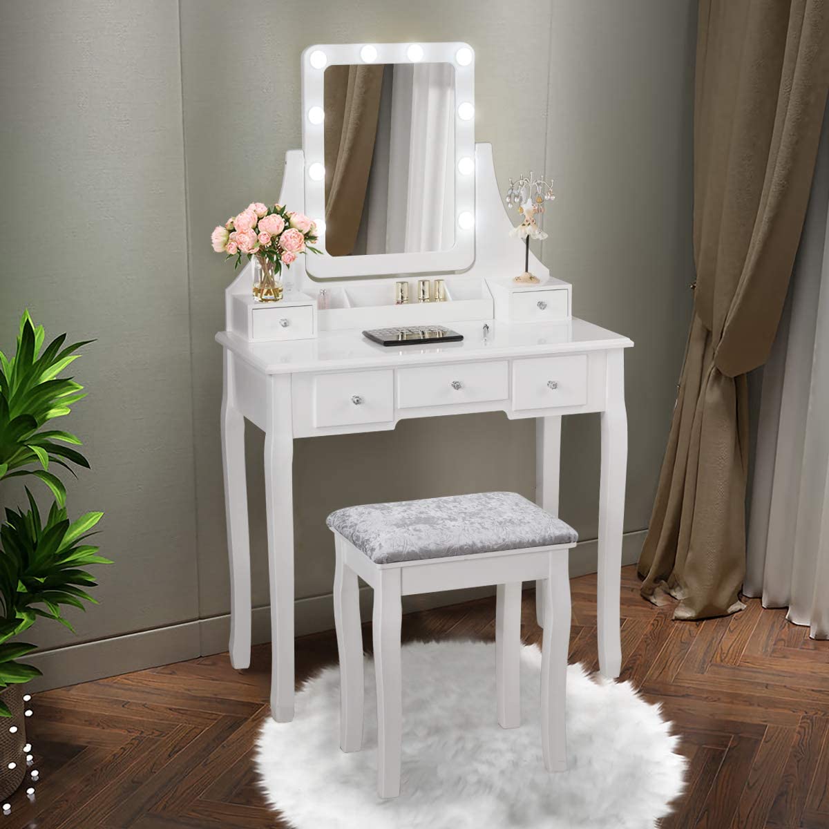 Costway Coiffeuse, Table De Maquillage Avec 10 Ampoules Led À Intensité Variable Tabouret Avec 5 Tiroirs