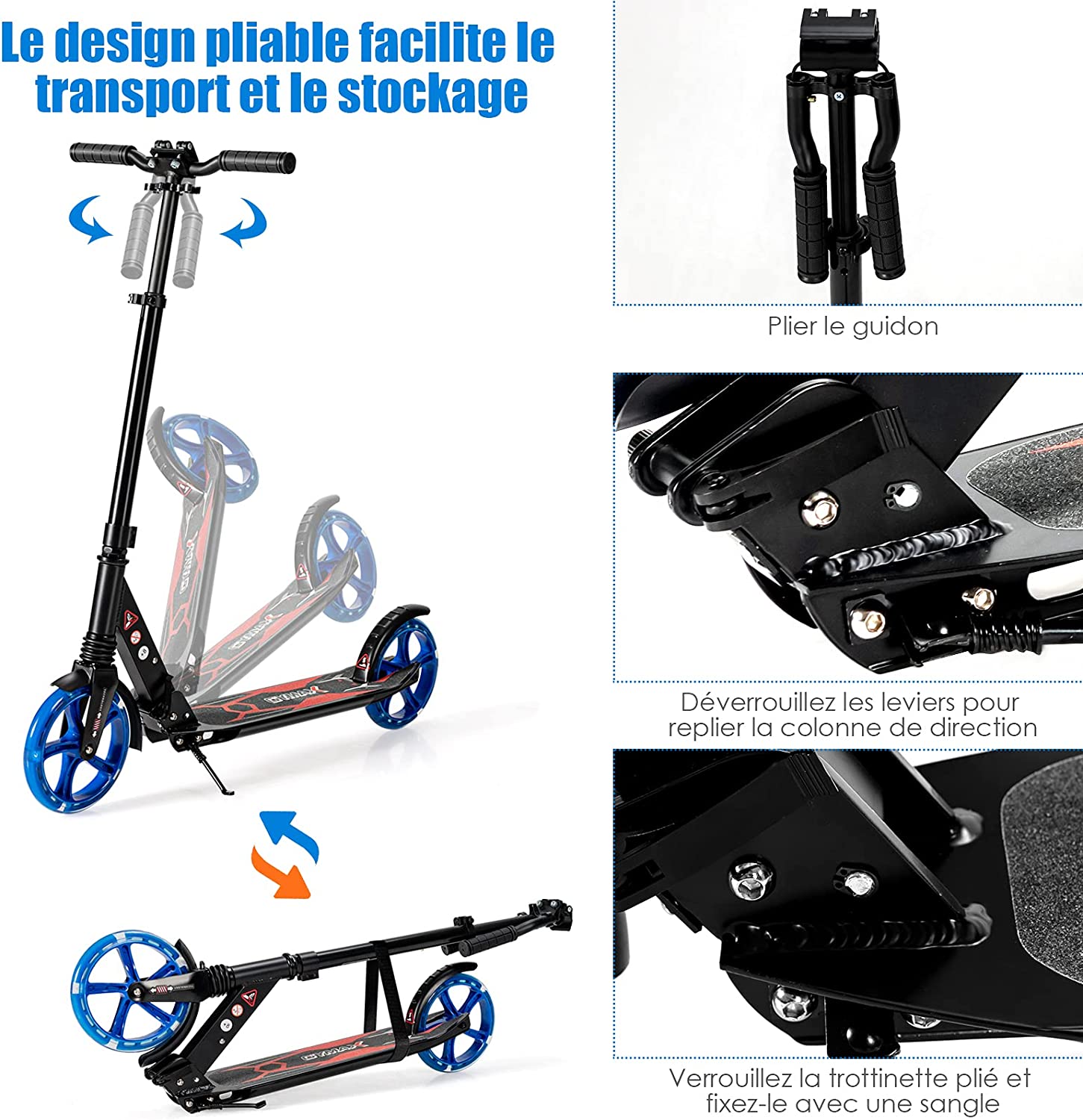 Trottinette Pliable Avec 3 Hauteurs Réglables Et Frein À Pied, Pour Adultes, Adolescents Et Enfants 8 Ans+