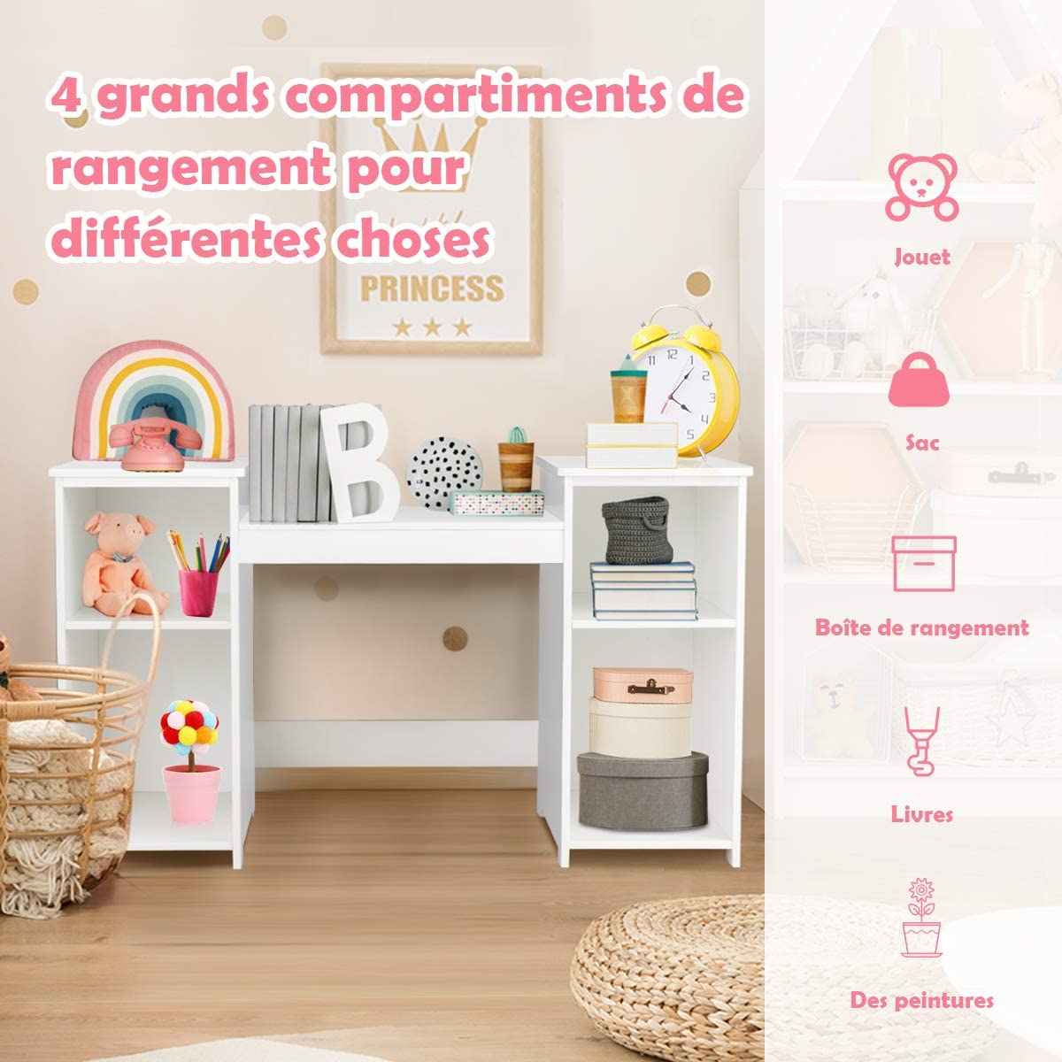 Costway Coiffeuse Pour Enfants 2 En 1 Avec Miroir Amovible, Bureau Enfant Avec 4 Étagères