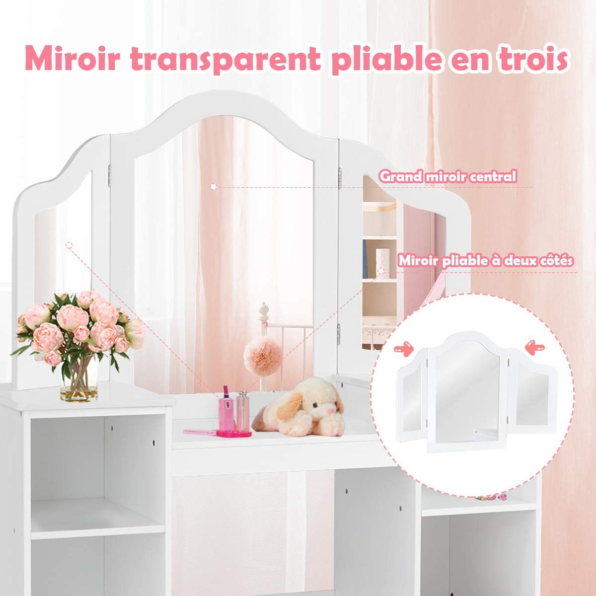 Costway Coiffeuse Pour Enfants 2 En 1 Avec Miroir Amovible, Bureau Enfant Avec 4 Étagères