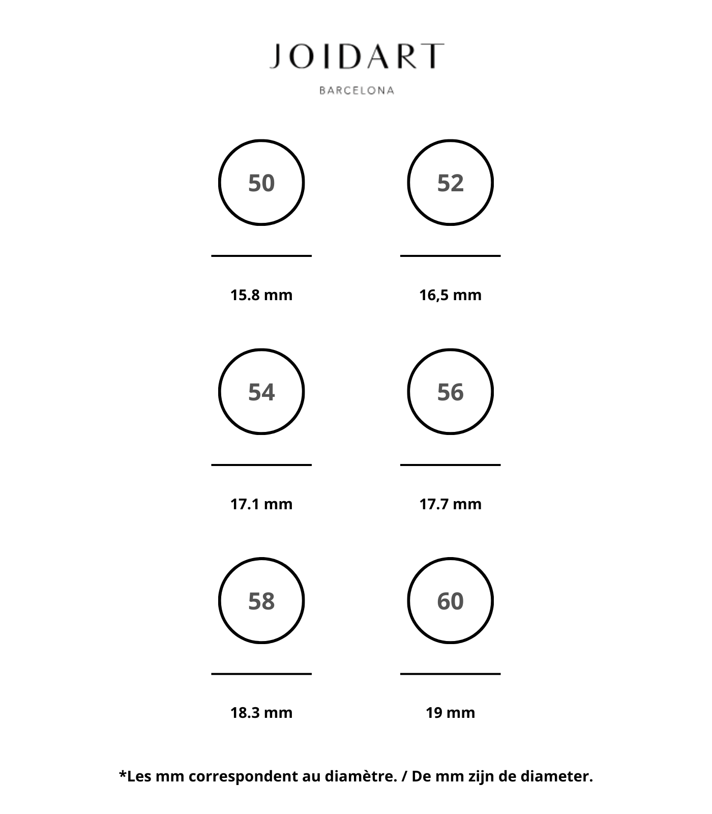 Guide des tailles avec mesures pour différentes tailles