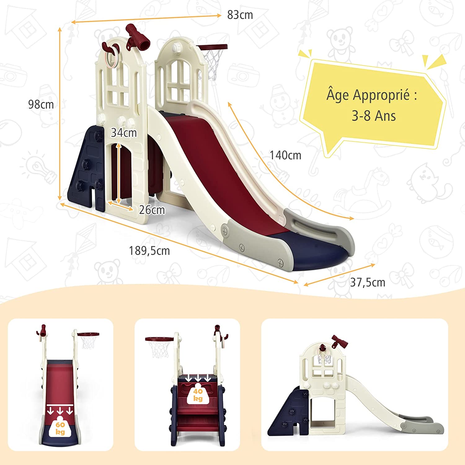 Costway Toboggan 6 En 1 Pour Enfant - Glisse De 140 Cm - Avec Panier De Basket, Escalade, Lancer D'anneaux Et Télescope