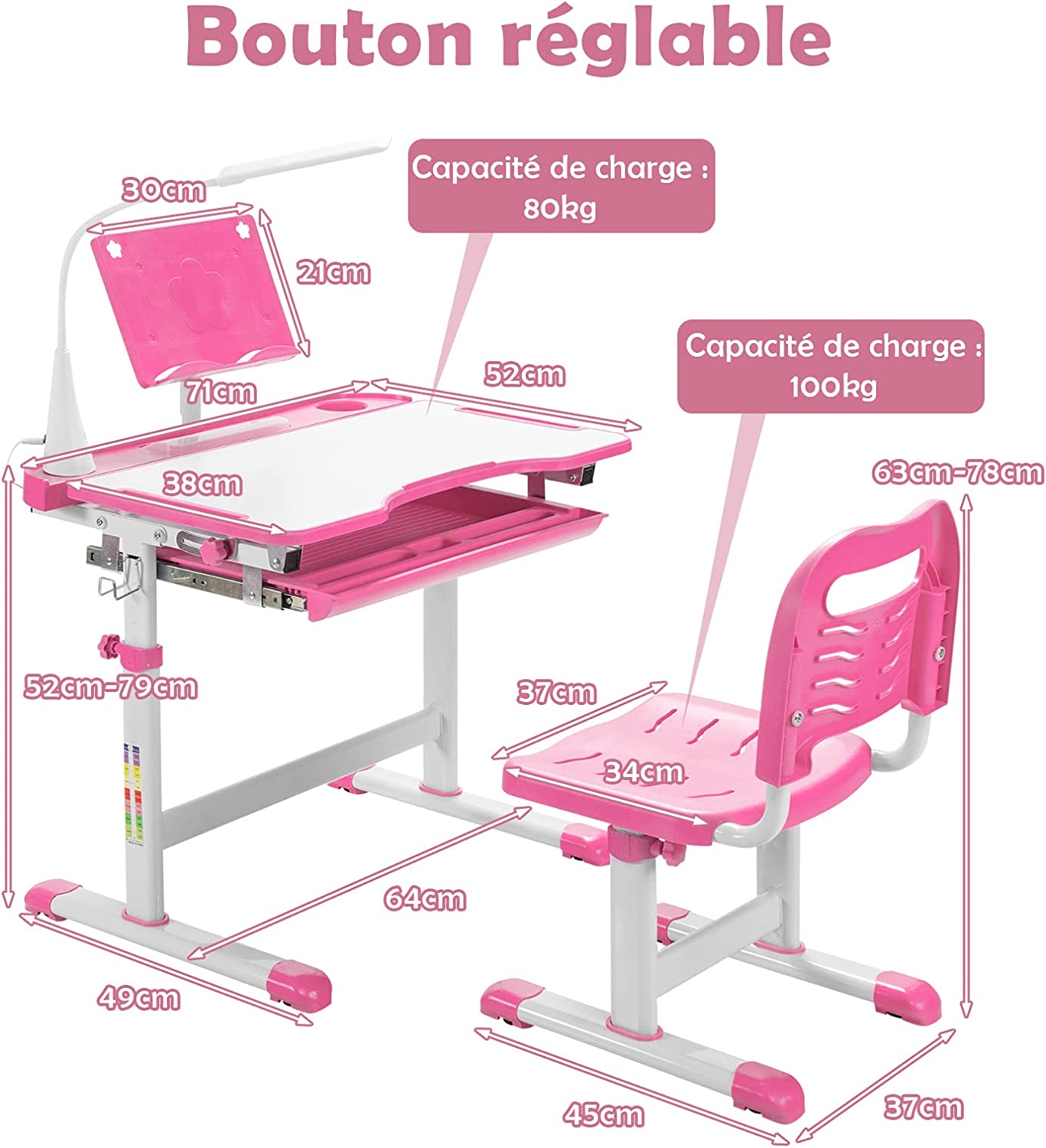 Ensemble Bureau Et Chaise Pour Enfants Avec Éclairage Led, Plateau Incliné Et Tiroir Coulissant