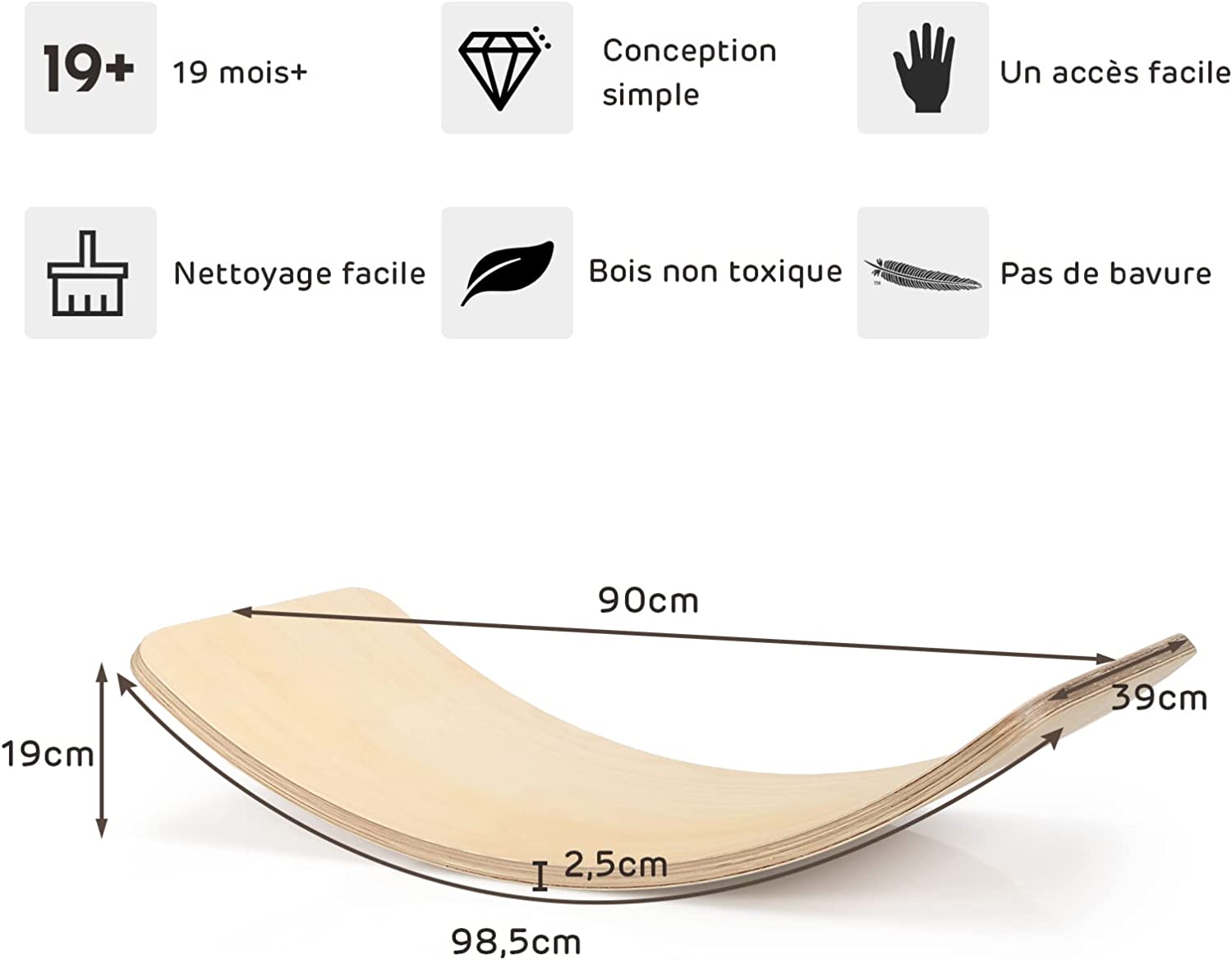 Planche À Bascule En Bois Incurvée Avec Feutre Charge 220kg Pour Yoga