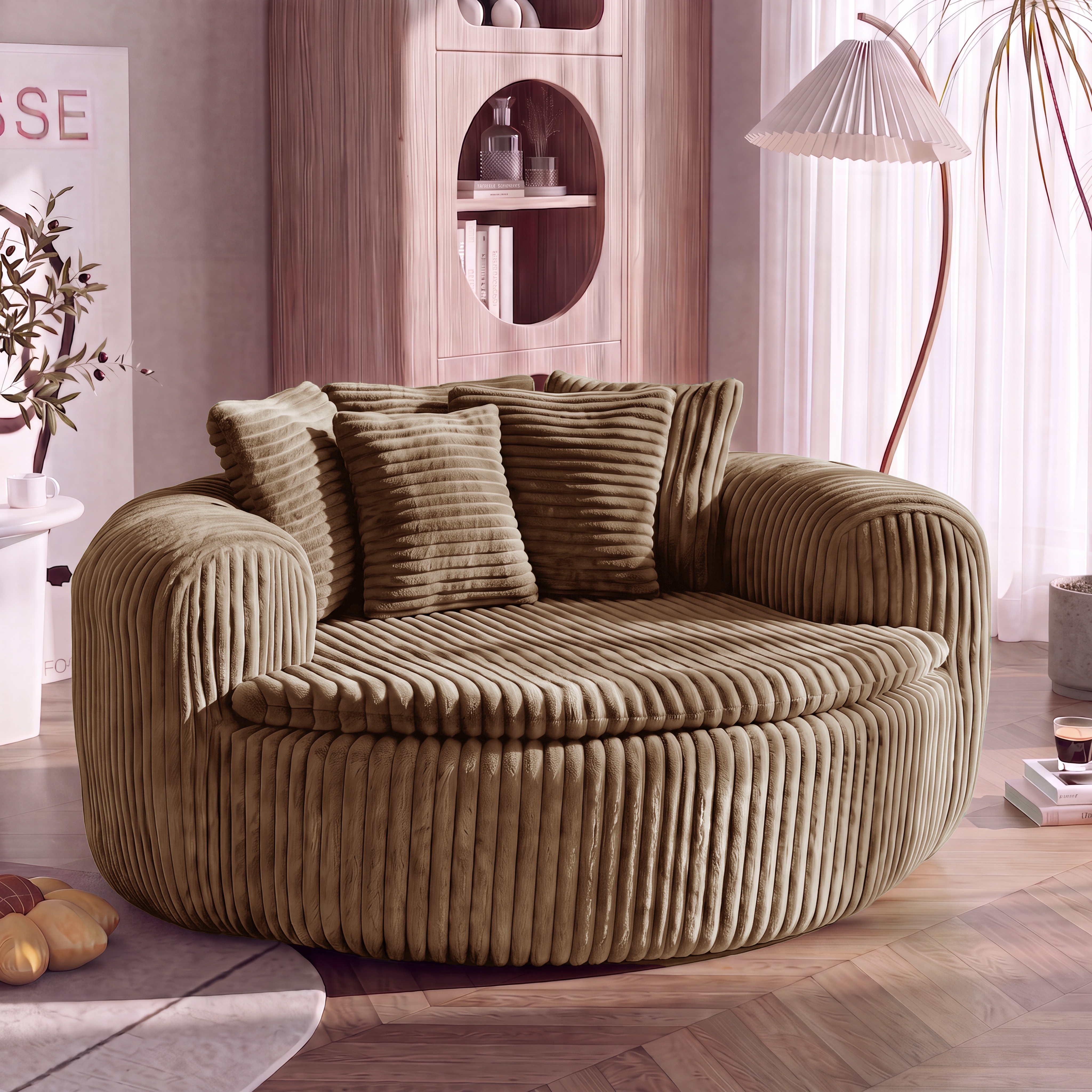 Pouf lounge côtelé en velours côtelé camel avec assise profonde et 5 coussins pour...