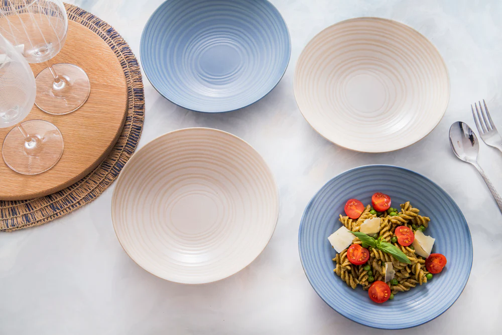 Kitchencraft - Assiettes Creuses En Grès Émaillé, Livrés Dans Un Coffret Cadeau, 22 Cm, Lot De 4, Motif Spirale, Bleu