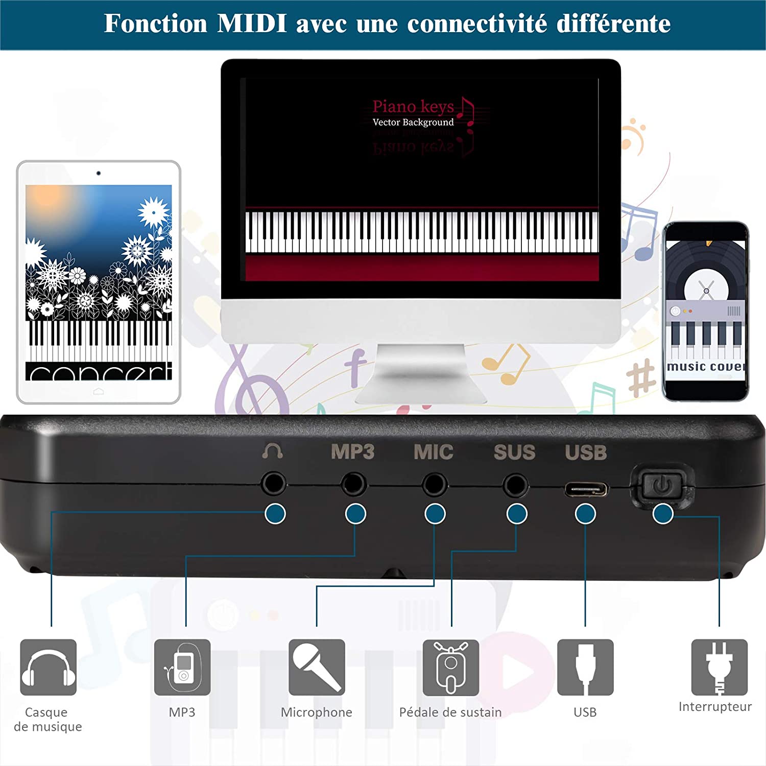 Clavier Électronique Portable 2 En 1 88 Touches Avec Fonction Bluetooth Piano Numérique