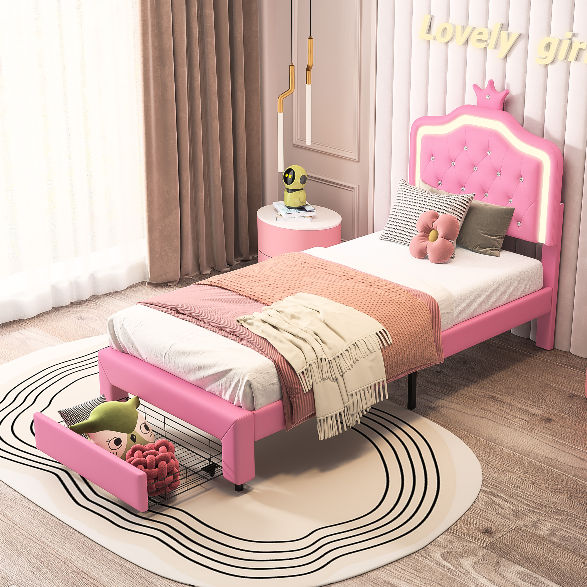 Lit Rembourré 90x200 Avec Led Tête De Lit, Sommier À Lattes En Bois, Rose