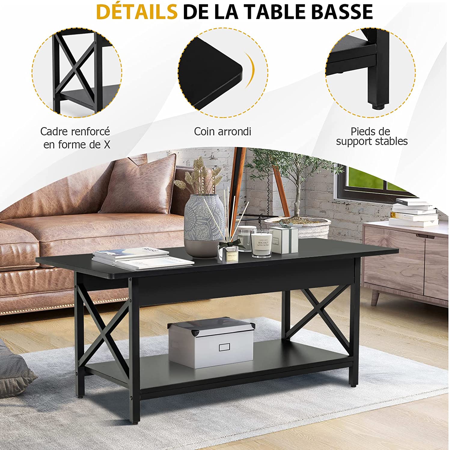 Costway Table Basse Moderne À 2 Niveaux, 110 X 60 X 48 Cm, Table De Salon Avec Cadre Métallique