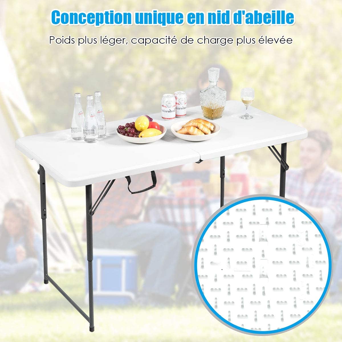 Costway Table Pliante Pour Camping 122 X 61cm Hauteur Réglable À 3 Positions Capacité De Charge 150kg