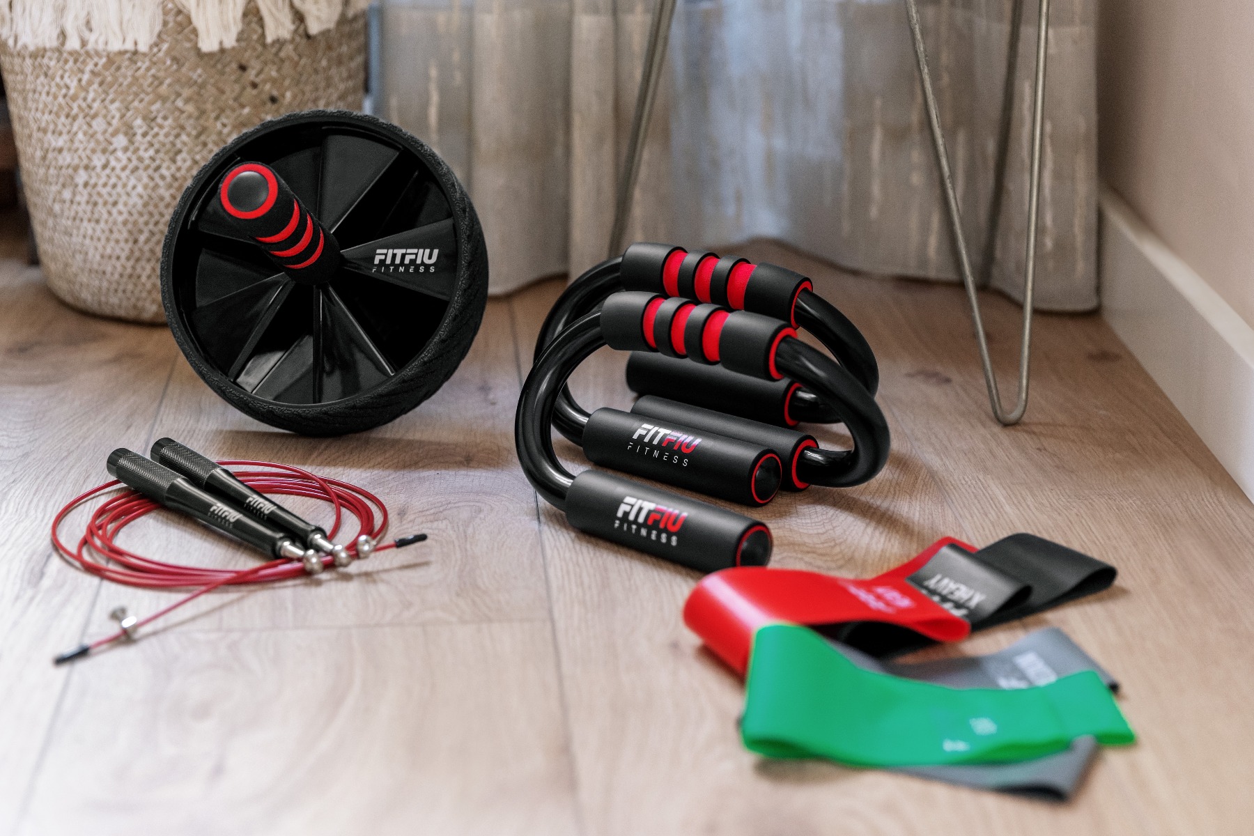 Kit 4 Accessoires Fitness Et Cross Training, Roue, Corde, Push-ups, Bandes - Fitfiu