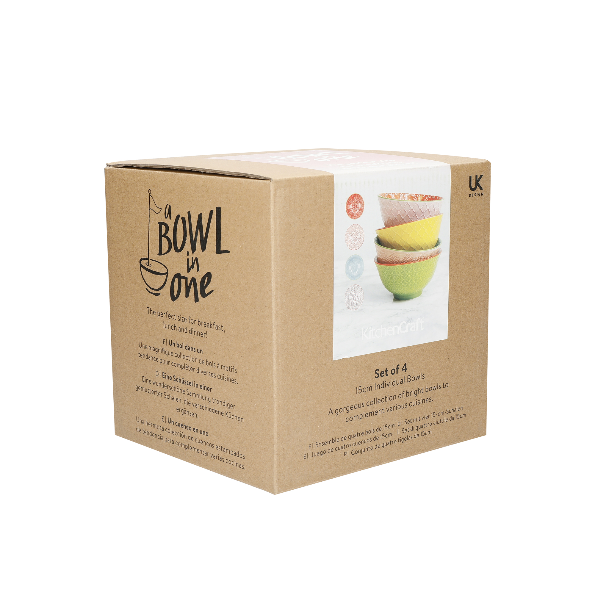 Kitchencraft - Bols En Céramique À Motifs "brights", Livrés Dans Un Coffret Cadeau, 15 Cm, Set De 4