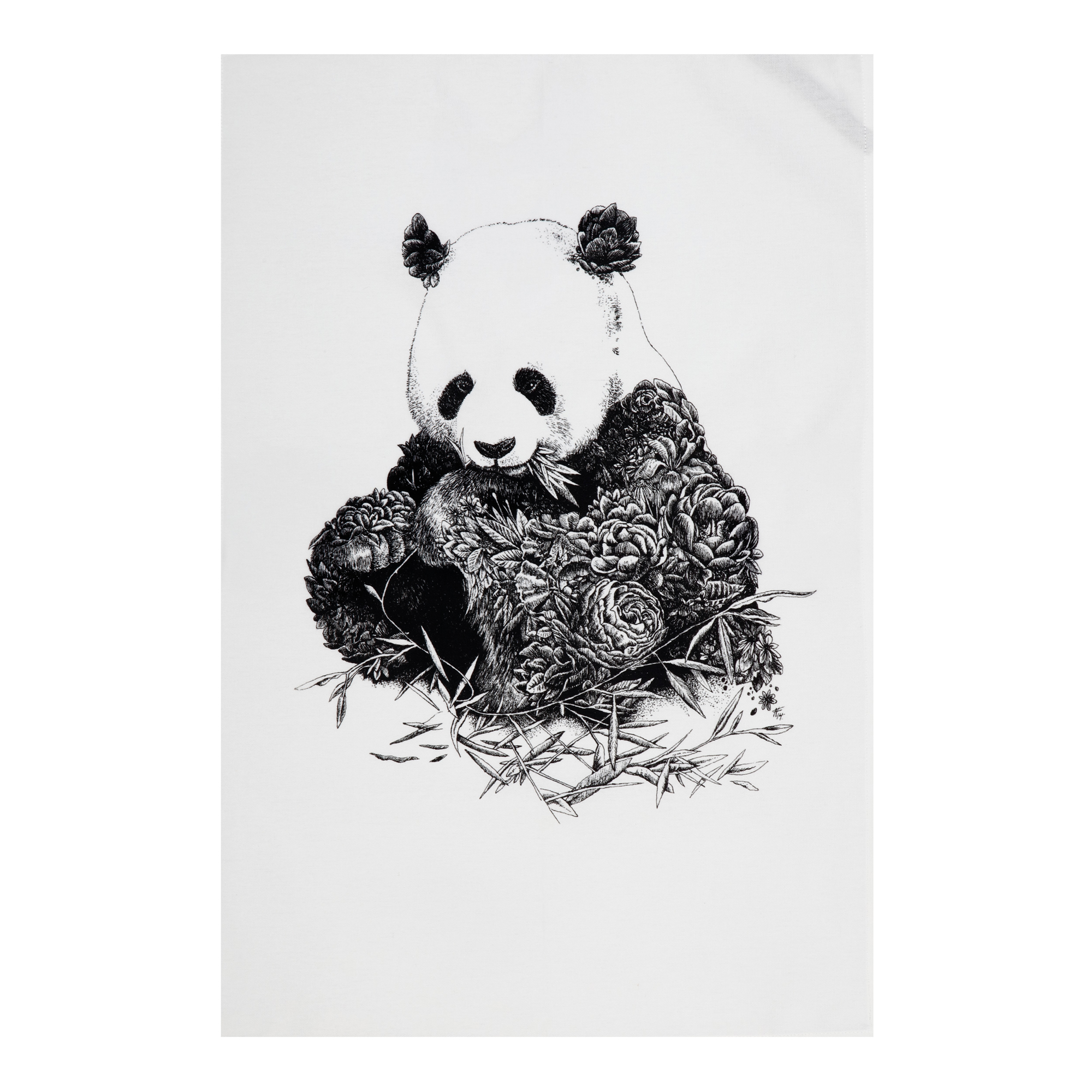 Serviette De Table 100% Coton, Imprimé Fleuri De Panda Géant, Collection Marini Ferlazzo, 50 X 70 Cm - Noir Et Blanc