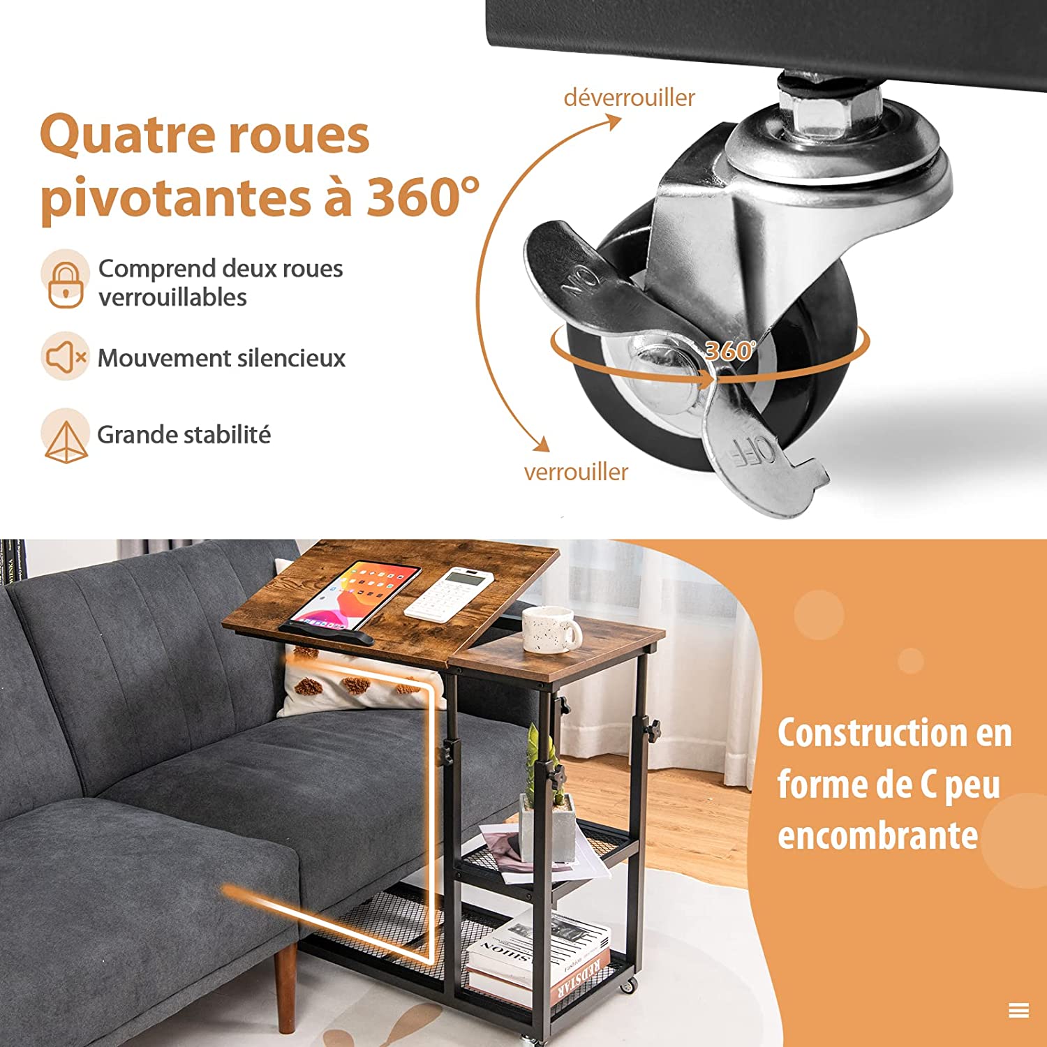 Costway Table D’appoint En Forme De C, Plateau Réglable, Roulettes Verrouillables
