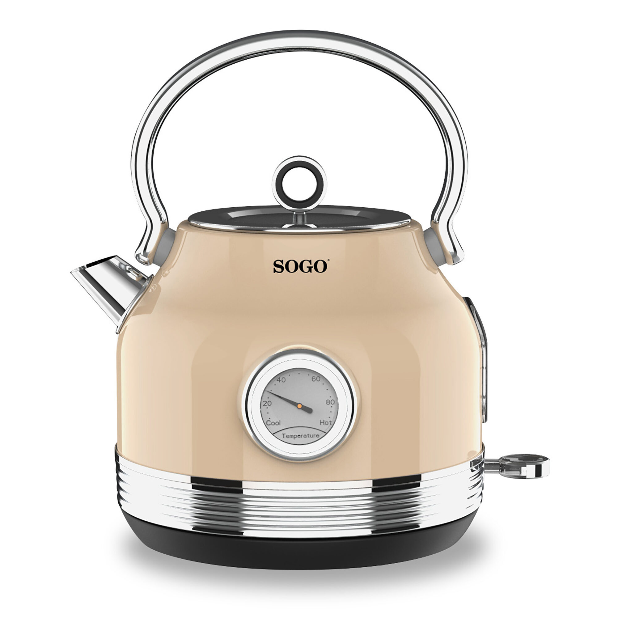 SOGO Bollitore Elettrico Acciaio Inossidabile 1.7L Beige Design Retro 1850-2200W con Termometro Integrato e Protezione Surriscaldamento