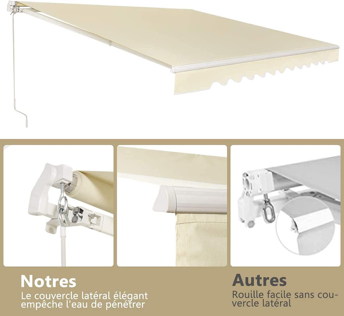 Costway 4 X 2.5 M Store Banne De Balcon Rétractable Avec Tissu Résistant Aux Uv Et À L'eau