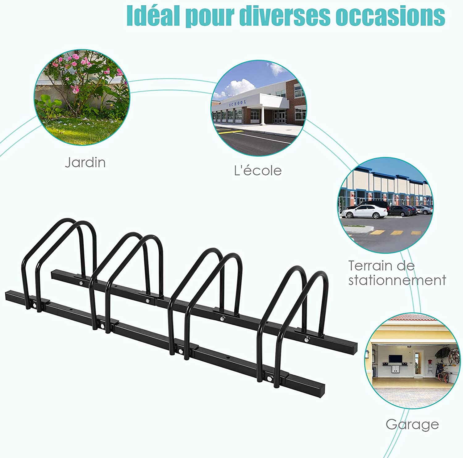 Râtelier 4 Vélos En Acier Fixation Au Sol Ou Mur 120x32.5x26cm Résistant Aux Intempéries Antirouille Ecole Commerce Noir