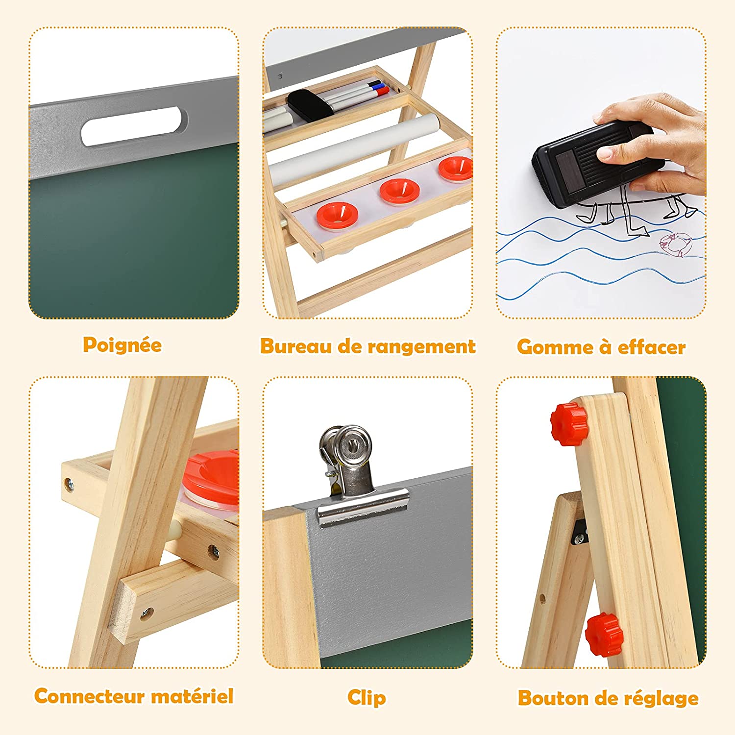Chevalet D’art 3-en-1 Pour Enfants De 3+ans Avec Hauteur Réglable Sur 5 Positions