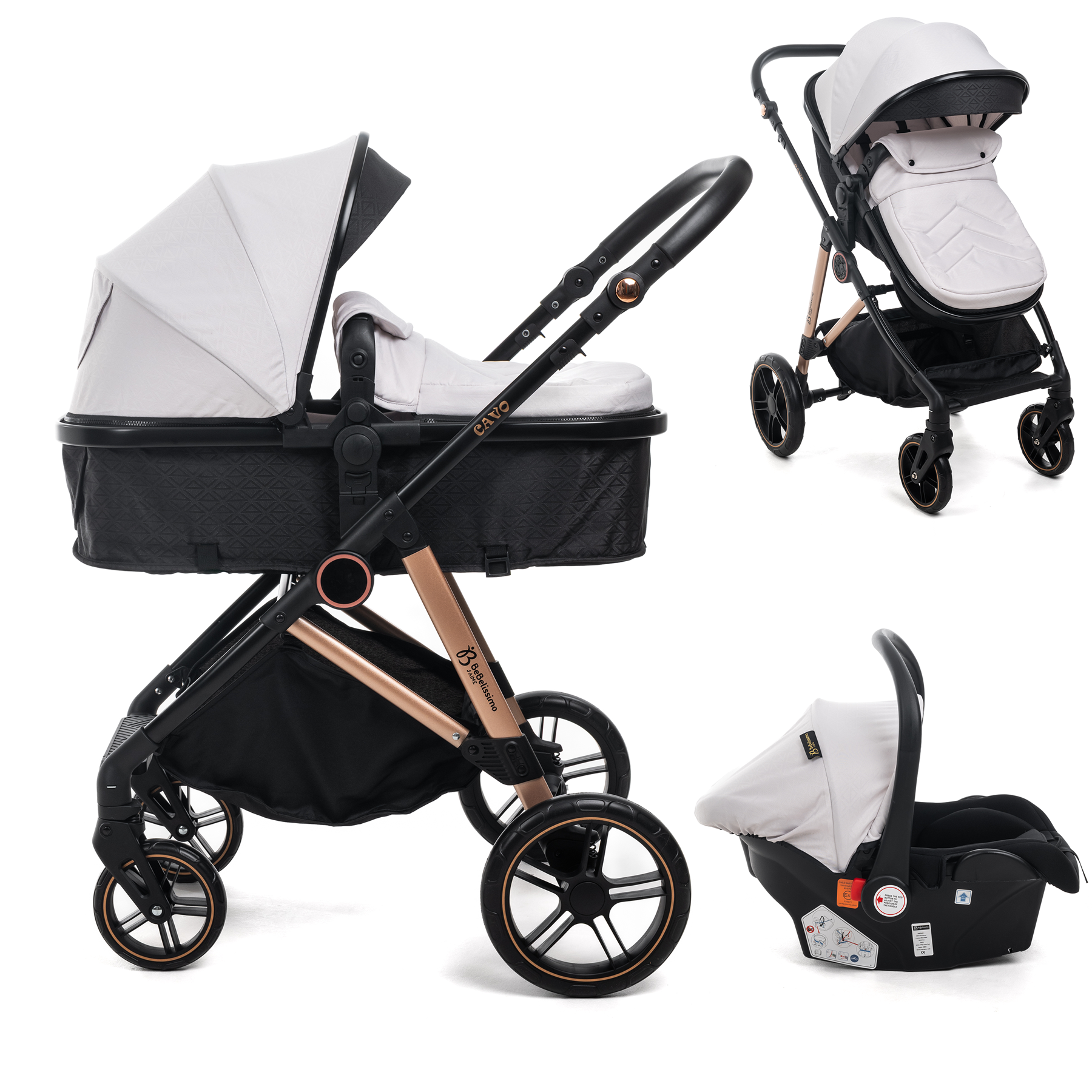 Bebelissimo - Poussette Combinée Trio 3 En 1 - Siège Auto 0+ Cavo – Nacelle – Dès La Naissance – Jusqu’à 22kg  - Beige
