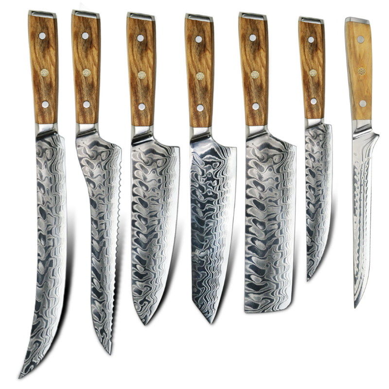 Lifespace Luxury 7 Piece Olive Wood Full Tang Damascus Chef Knife Set