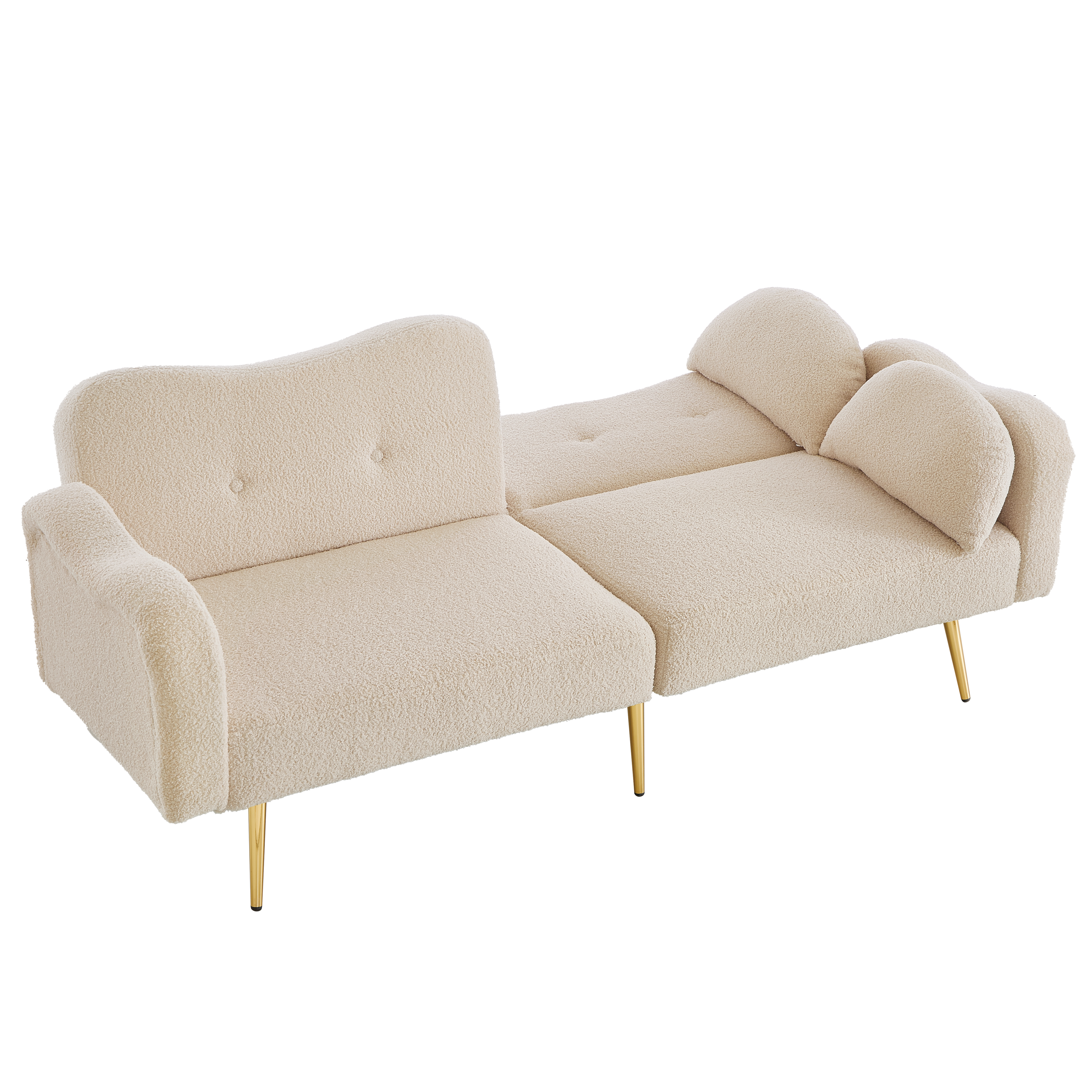 Canapé convertible beige et naturel sur fond blanc