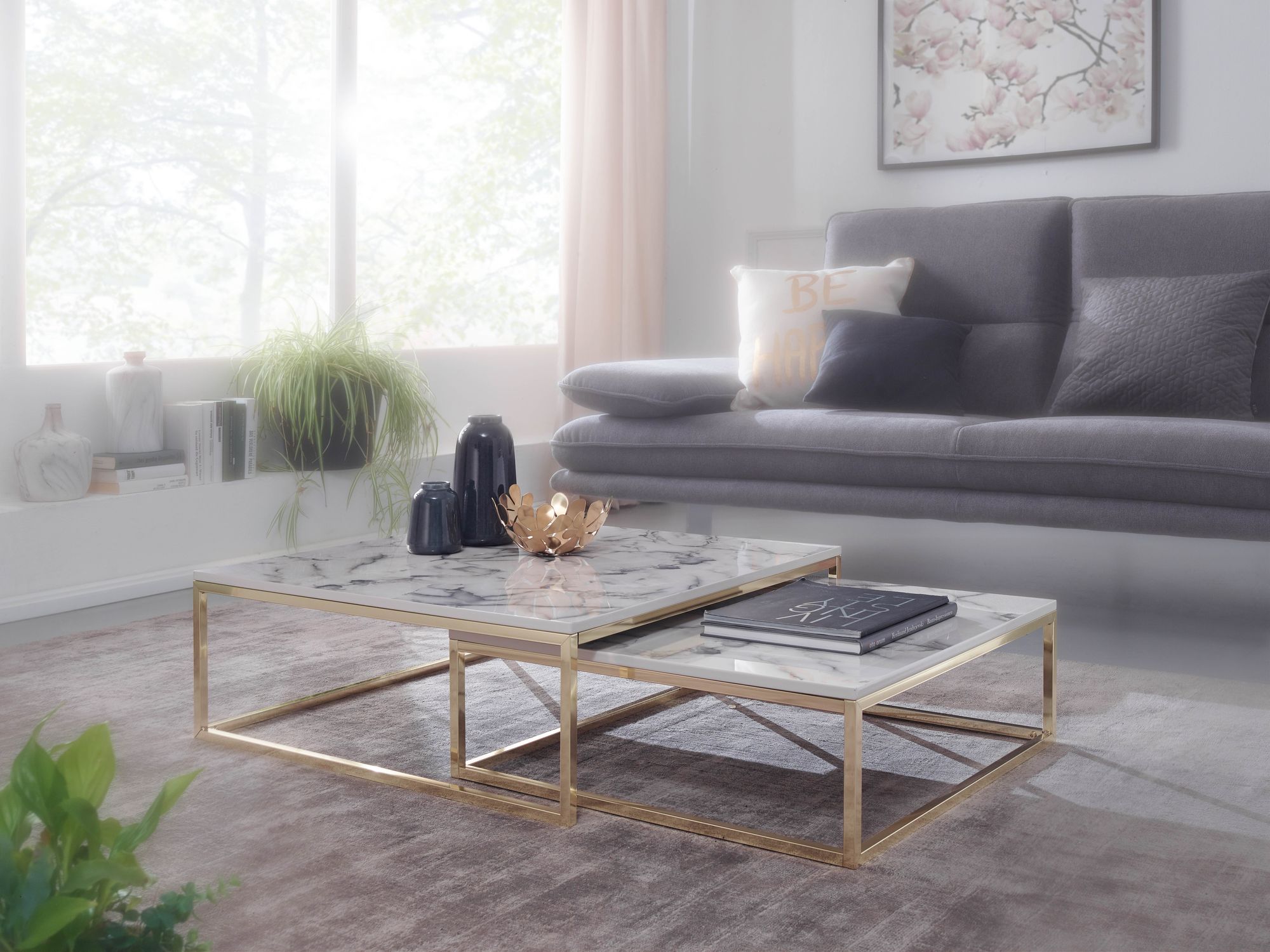 Wohnling Table Basse Ensemble De 2 Tables Gigognes En Marbre Blanc Avec Cadre En Métal Moderne