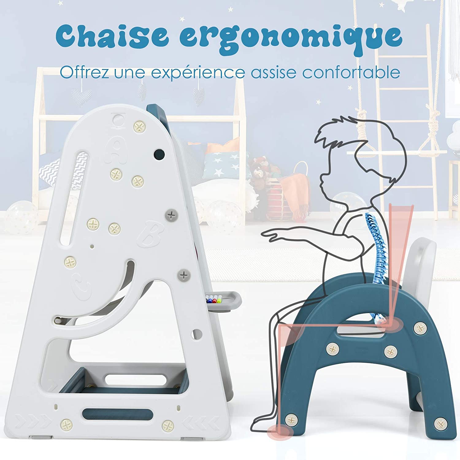 Costway 2en1 Tableau Magnétique Enfant Double Face Avec Tabouret