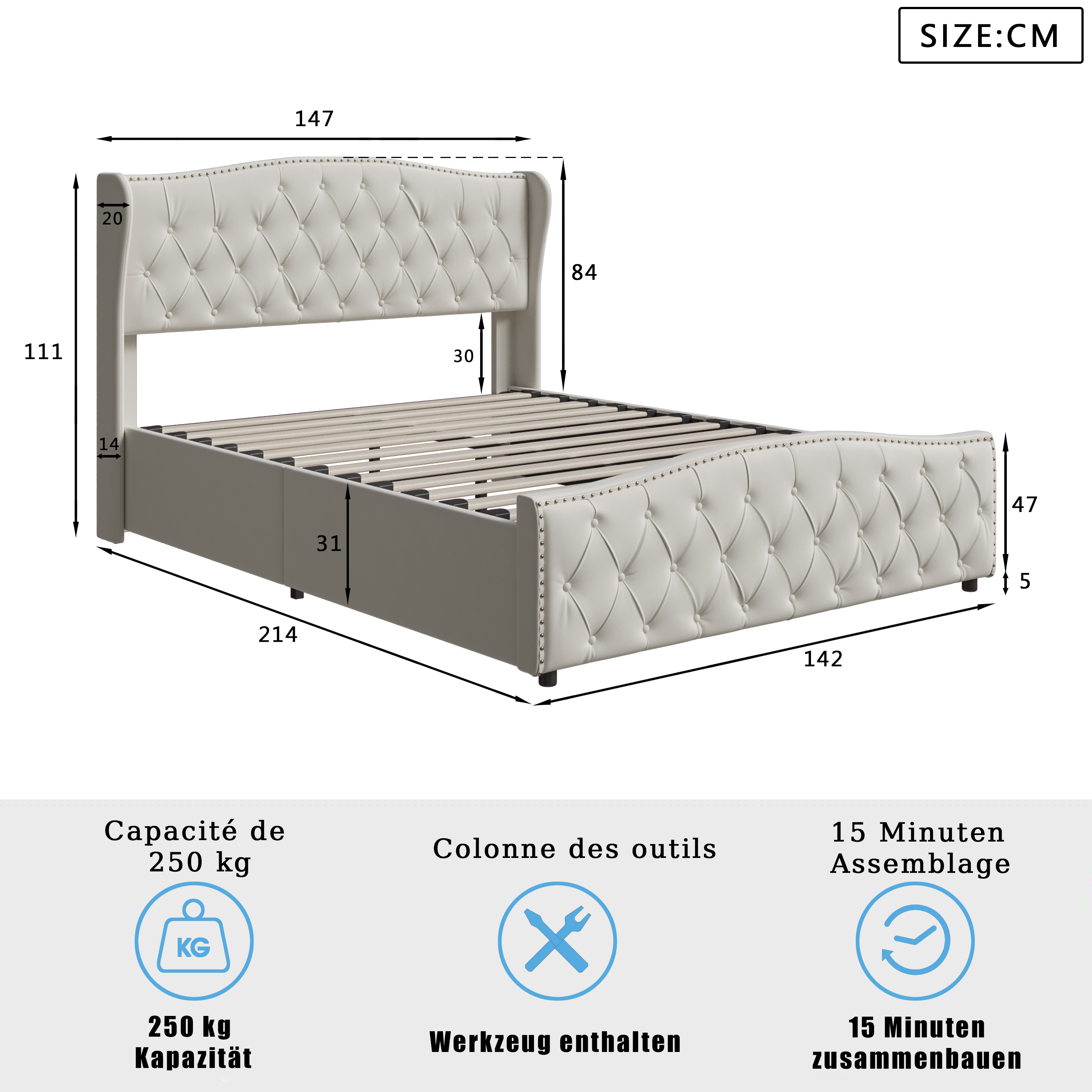 Lit Capitonné, 140 X 200 Cm, Avec Sommier À Lattes Et Rangement, Hydraulique Double, Velours
