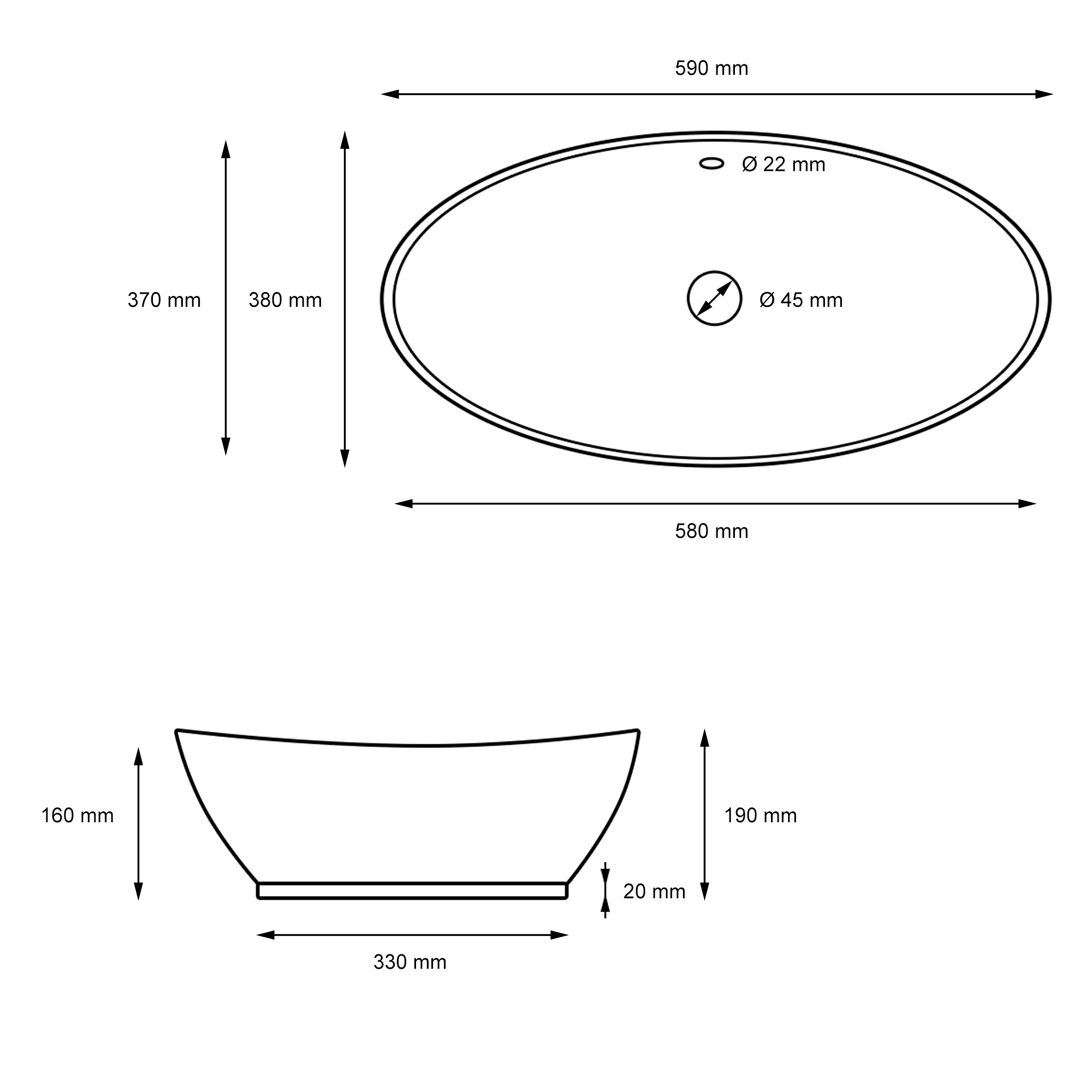 Lavabo En Céramique Noir Lave-mains Avec Garniture De Vidage 590x380x190 Mm