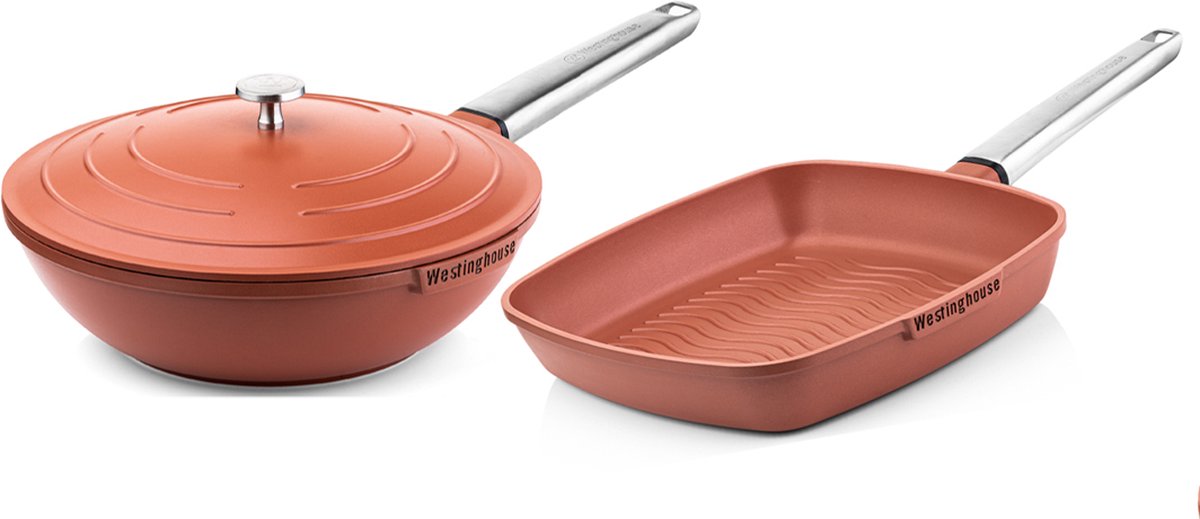 Westinghouse - Série Performance - Poêle Wok 28 Cm + Poêle Grill 28 Cm - Rouge